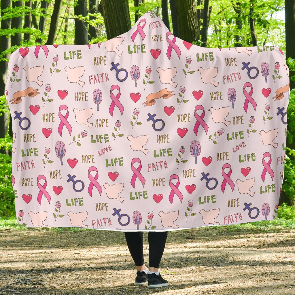 Pink Ribbon Breast Cancer Awareness Pattern Print Hooded Blanket-grizzshop