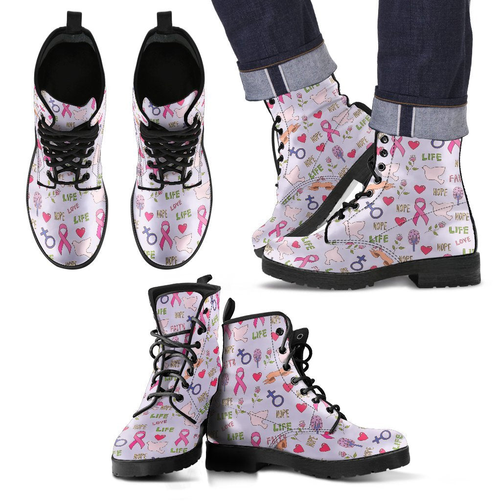 Pink Ribbon Breast Cancer Awareness Pattern Print Men Women Leather Boots-grizzshop