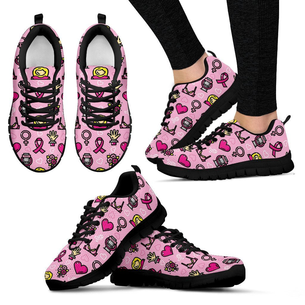 Pink Ribbon Breast Cancer Awareness Print Pattern Black Sneaker Shoes For Men Women-grizzshop