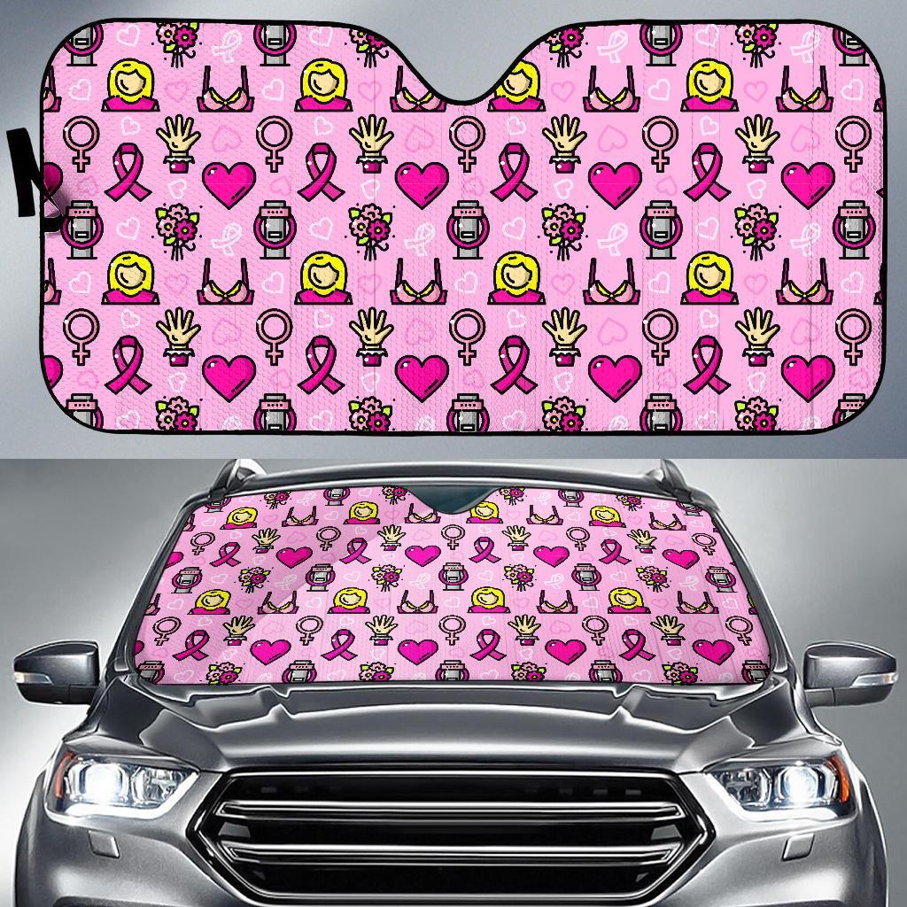 Pink Ribbon Breast Cancer Awareness Print Pattern Car Sun Shade-grizzshop