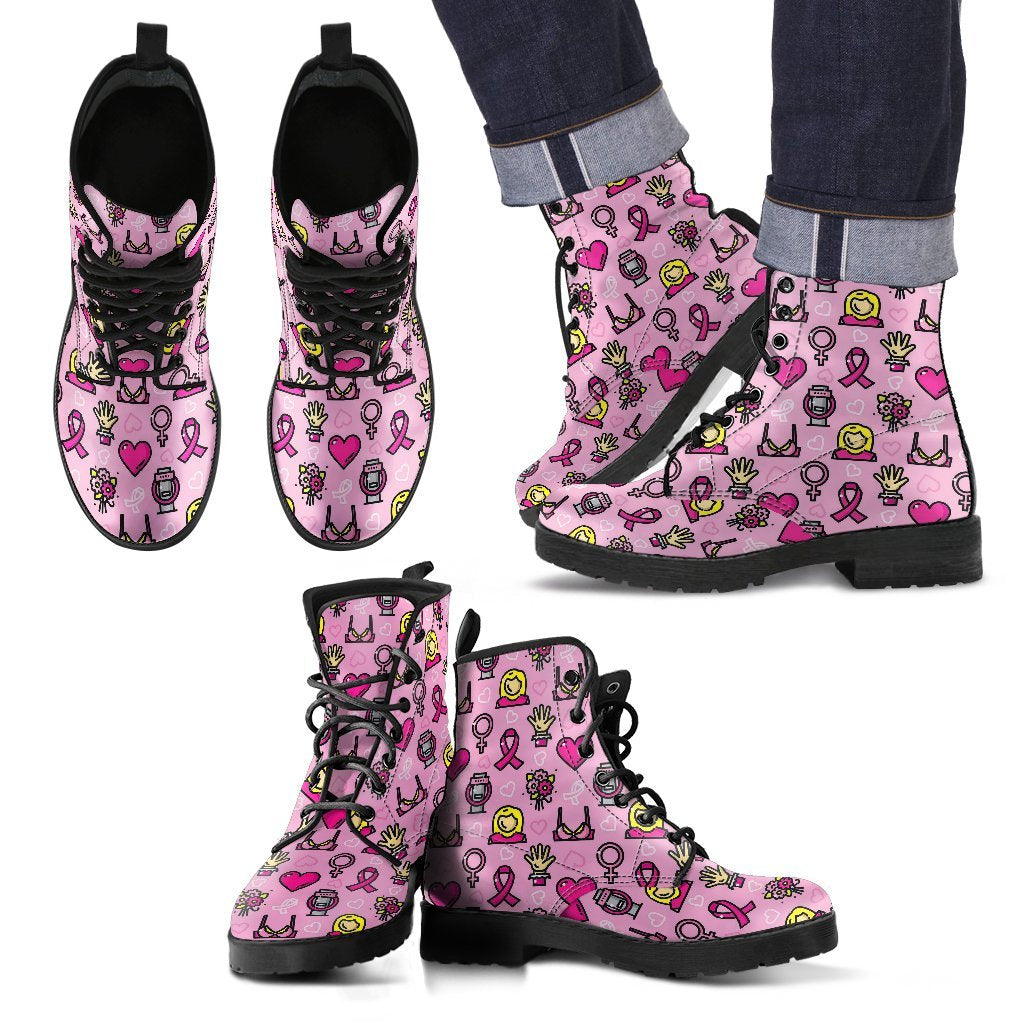 Pink Ribbon Breast Cancer Awareness Print Pattern Men Women Leather Boots-grizzshop