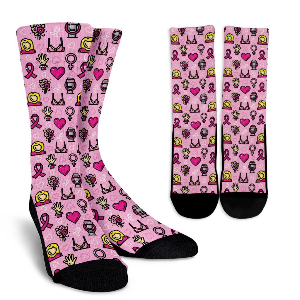 Pink Ribbon Breast Cancer Awareness Print Pattern Unisex Crew Socks-grizzshop
