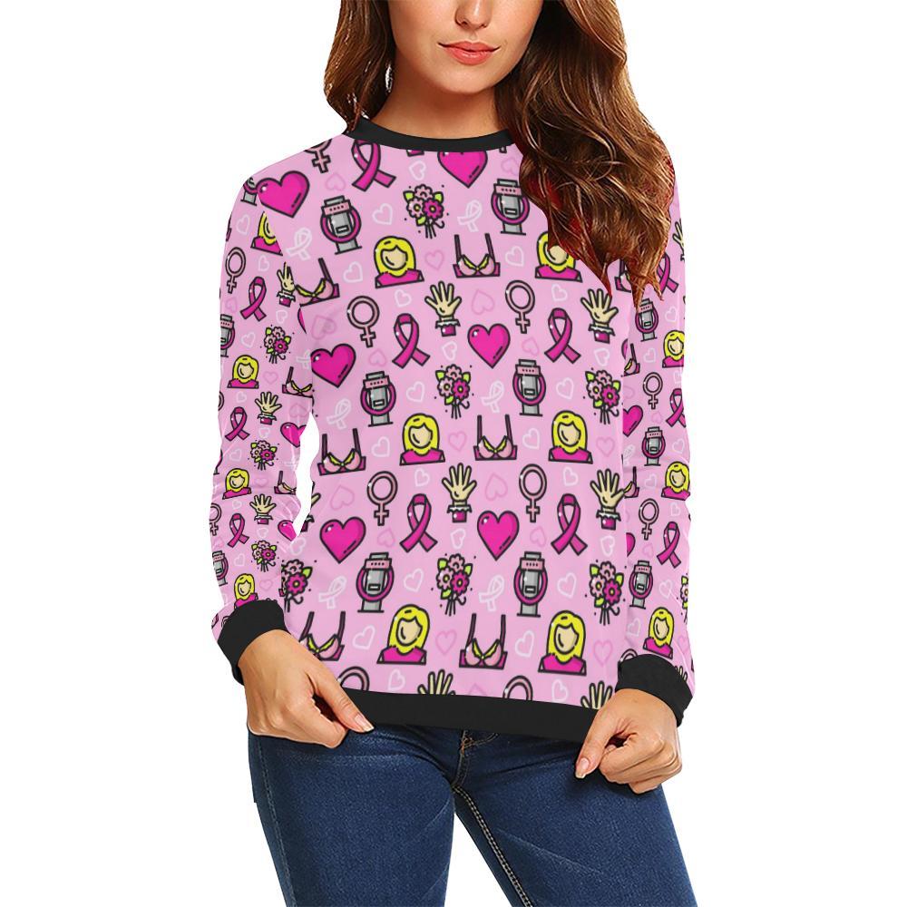 Pink Ribbon Breast Cancer Awareness Print Pattern Women Crewneck Sweatshirt-grizzshop