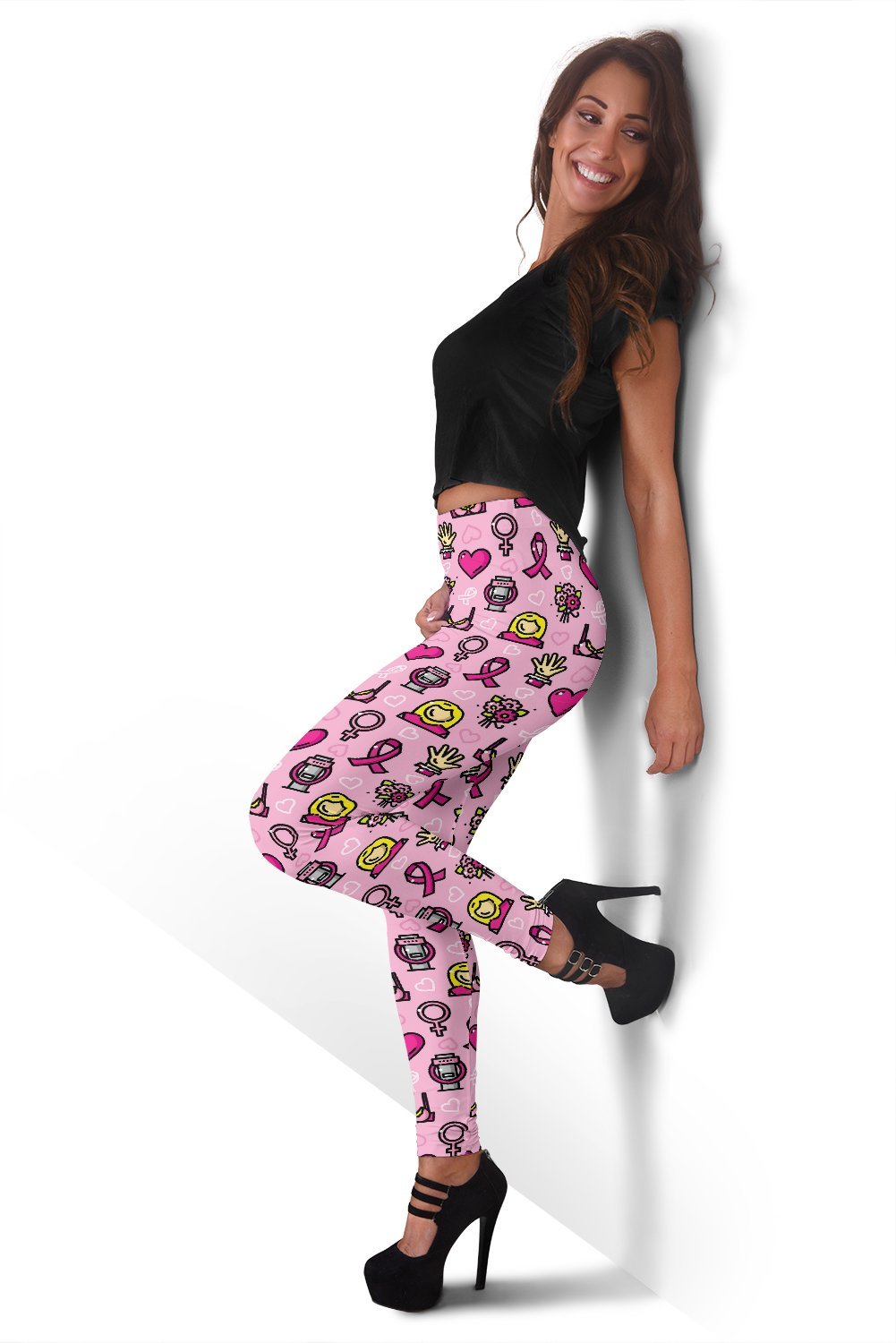 Pink Ribbon Breast Cancer Awareness Print Pattern Women Leggings-grizzshop