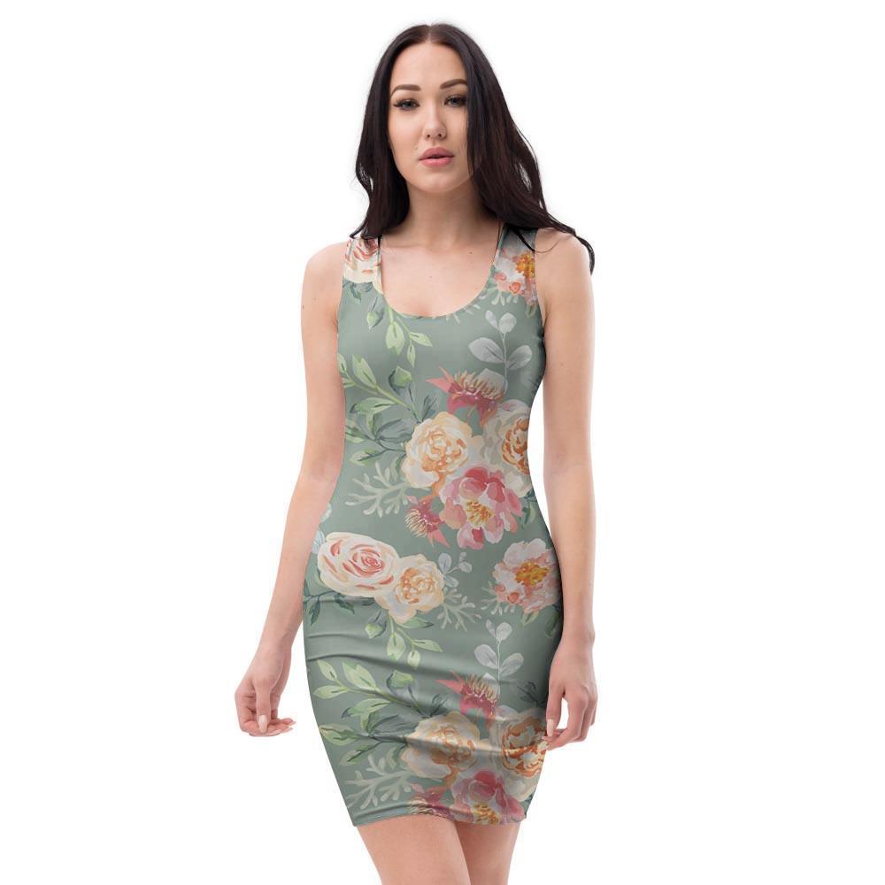 Pink Rose And Peony Floral Bodycon Dress-grizzshop