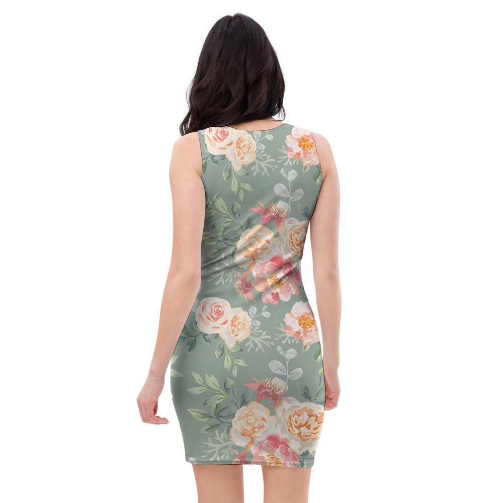 Pink Rose And Peony Floral Bodycon Dress-grizzshop