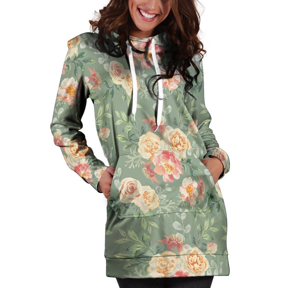 Pink Rose And Peony Floral Hoodie Dress-grizzshop