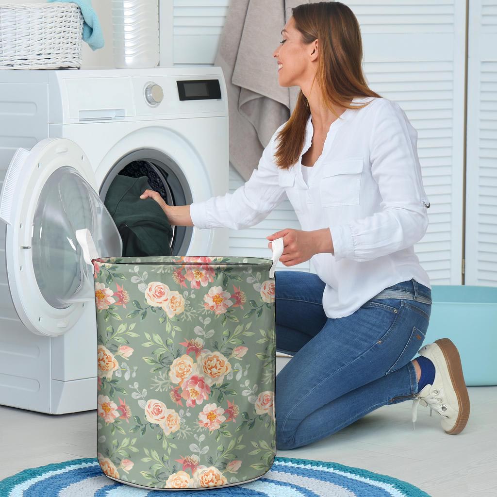 Pink Rose And Peony Floral Laundry Basket-grizzshop