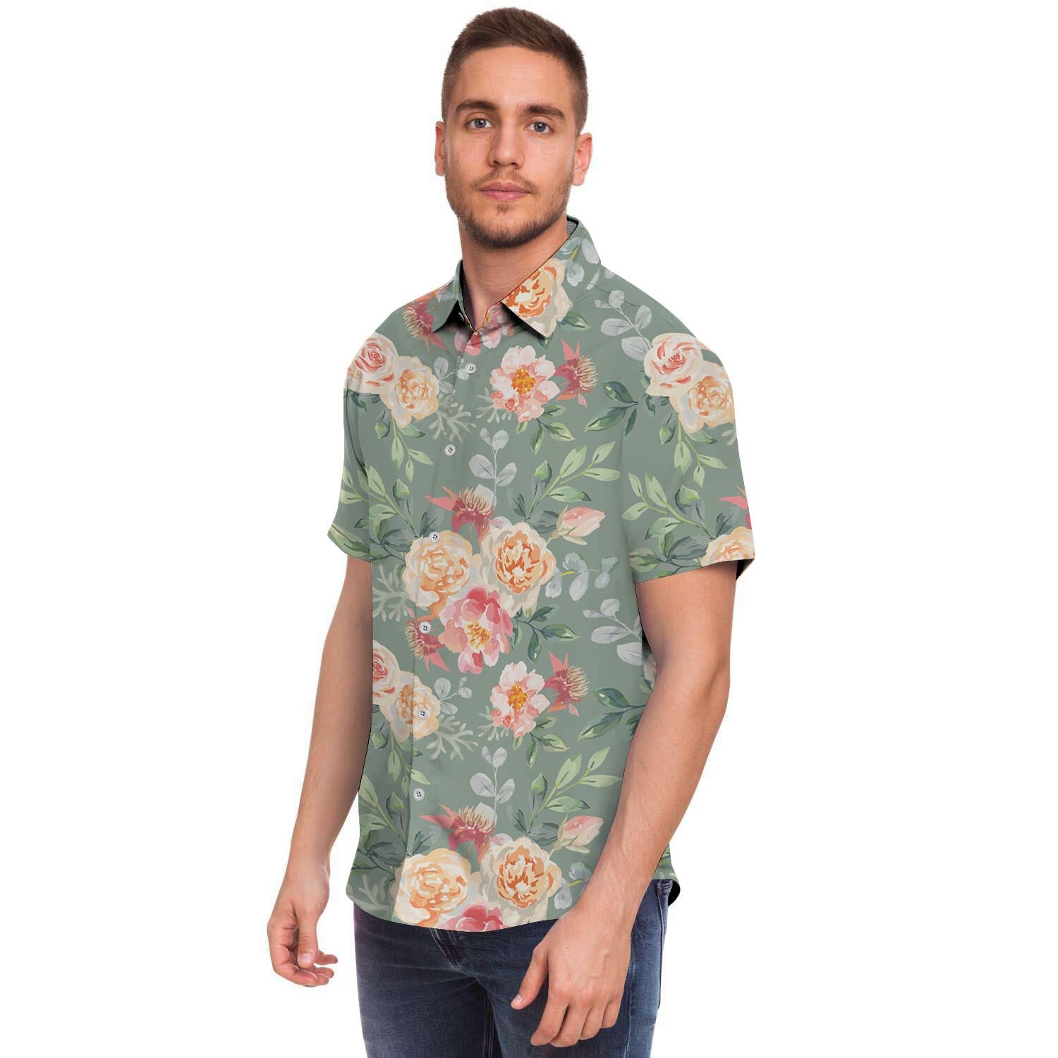 Pink Rose And Peony Floral Men's Short Sleeve Shirt-grizzshop