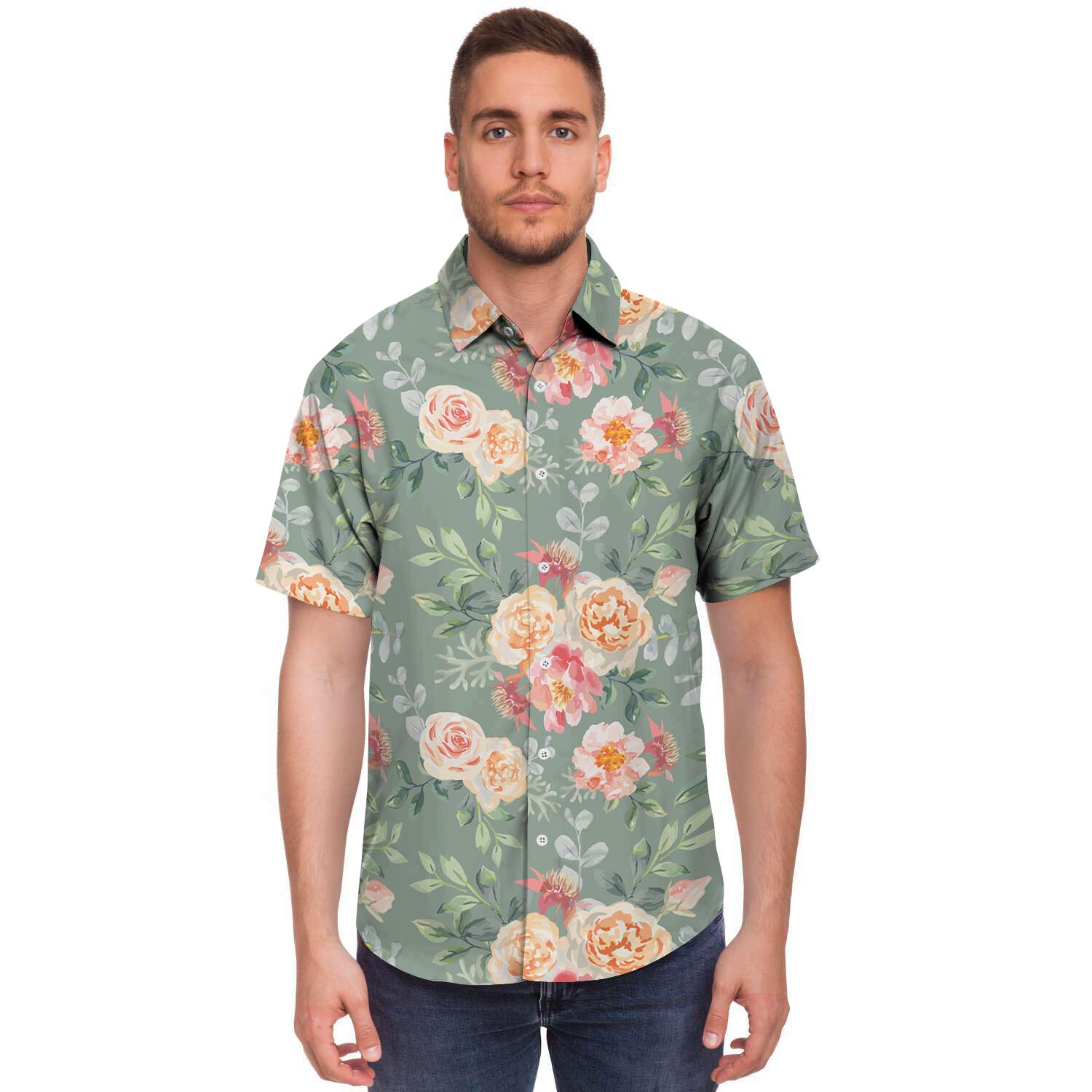 Pink Rose And Peony Floral Men's Short Sleeve Shirt-grizzshop