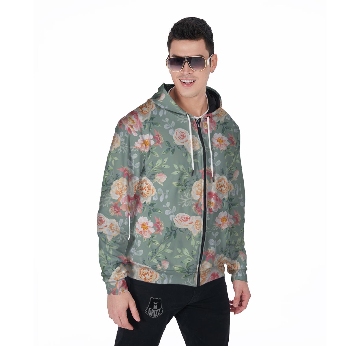 Pink Rose And Peony Floral Men's Zip Up Hoodie-grizzshop