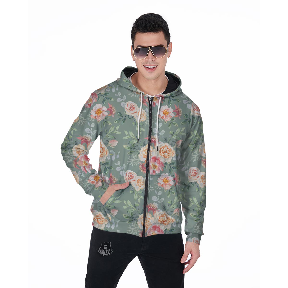 Pink Rose And Peony Floral Men's Zip Up Hoodie-grizzshop
