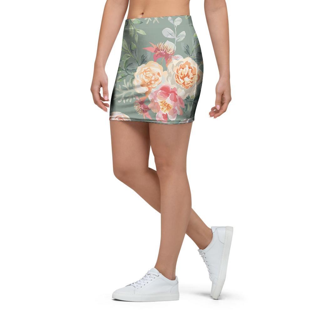 Pink Rose And Peony Floral Mini Skirt-grizzshop