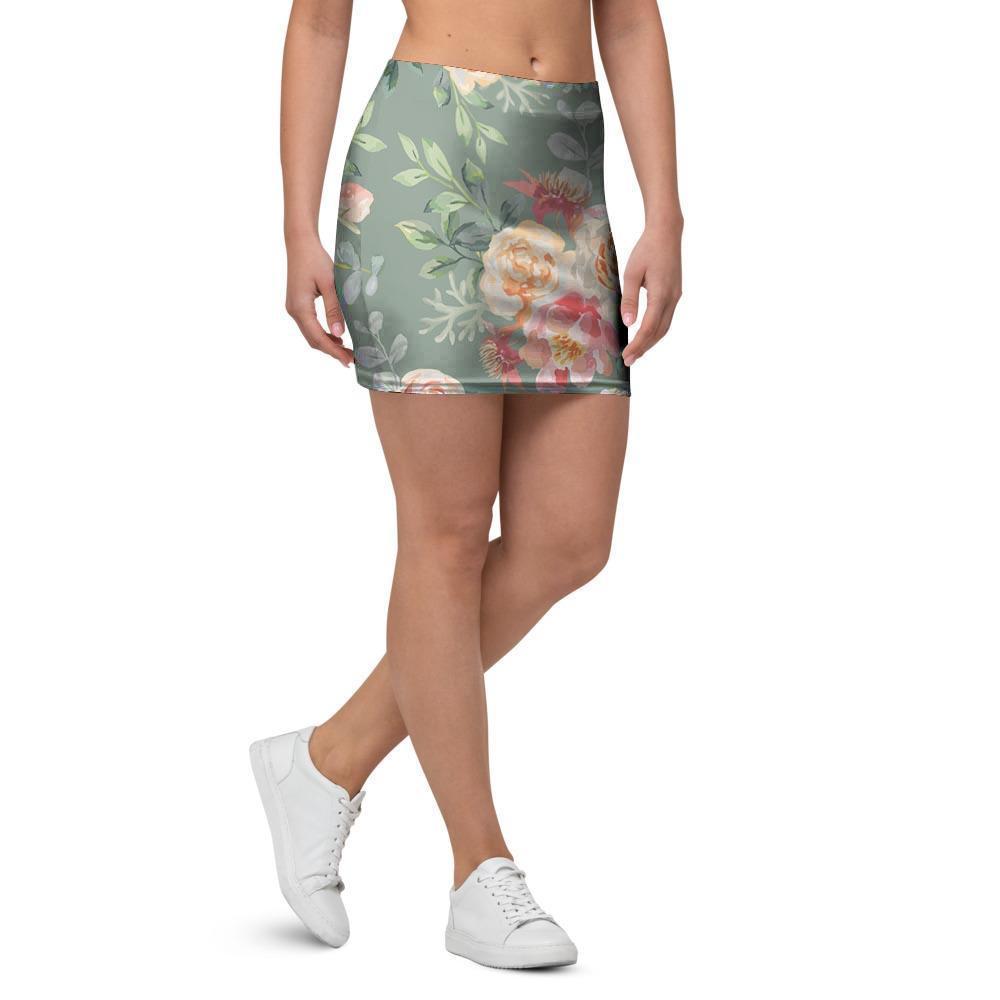 Pink Rose And Peony Floral Mini Skirt-grizzshop