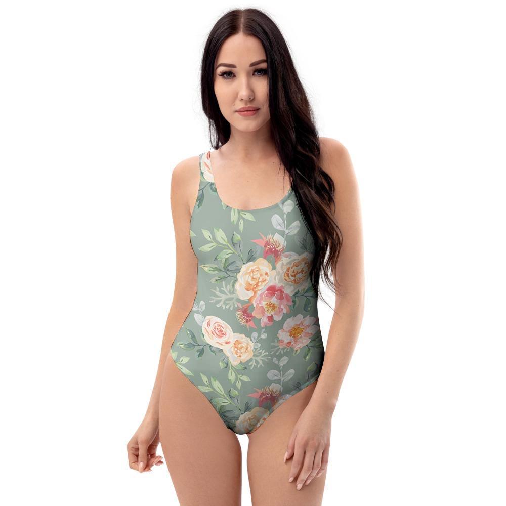 Pink Rose And Peony Floral One Piece Swimsuite-grizzshop