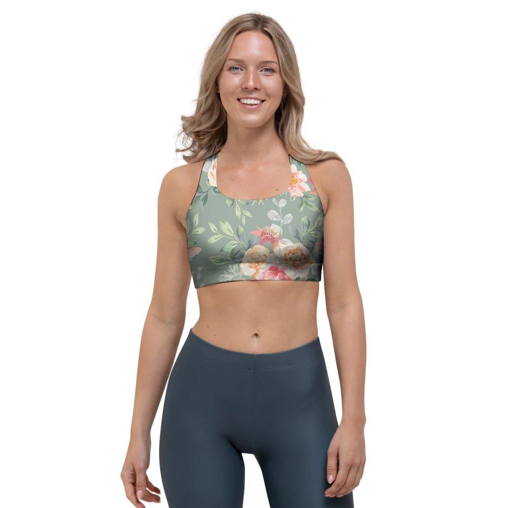 Pink Rose And Peony Floral Sports Bra-grizzshop