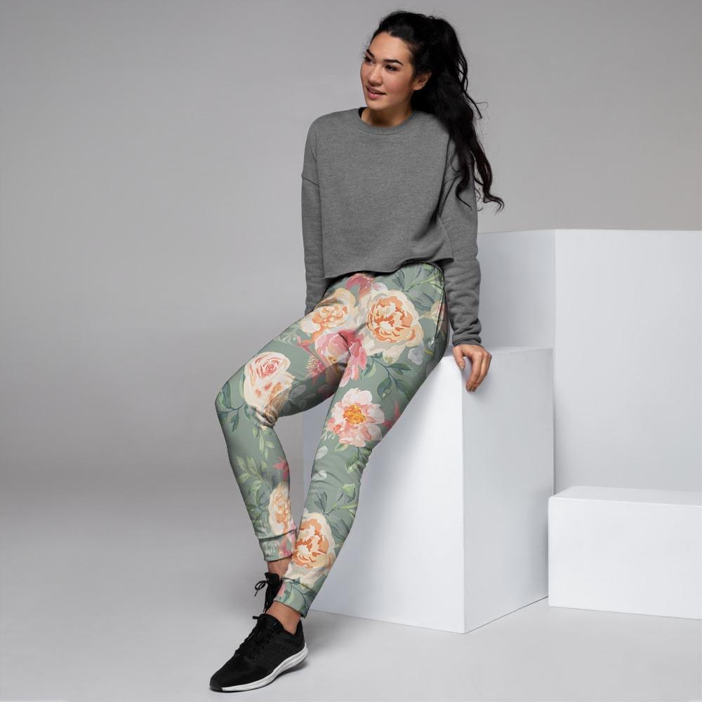 Pink Rose And Peony Floral Women's Joggers-grizzshop