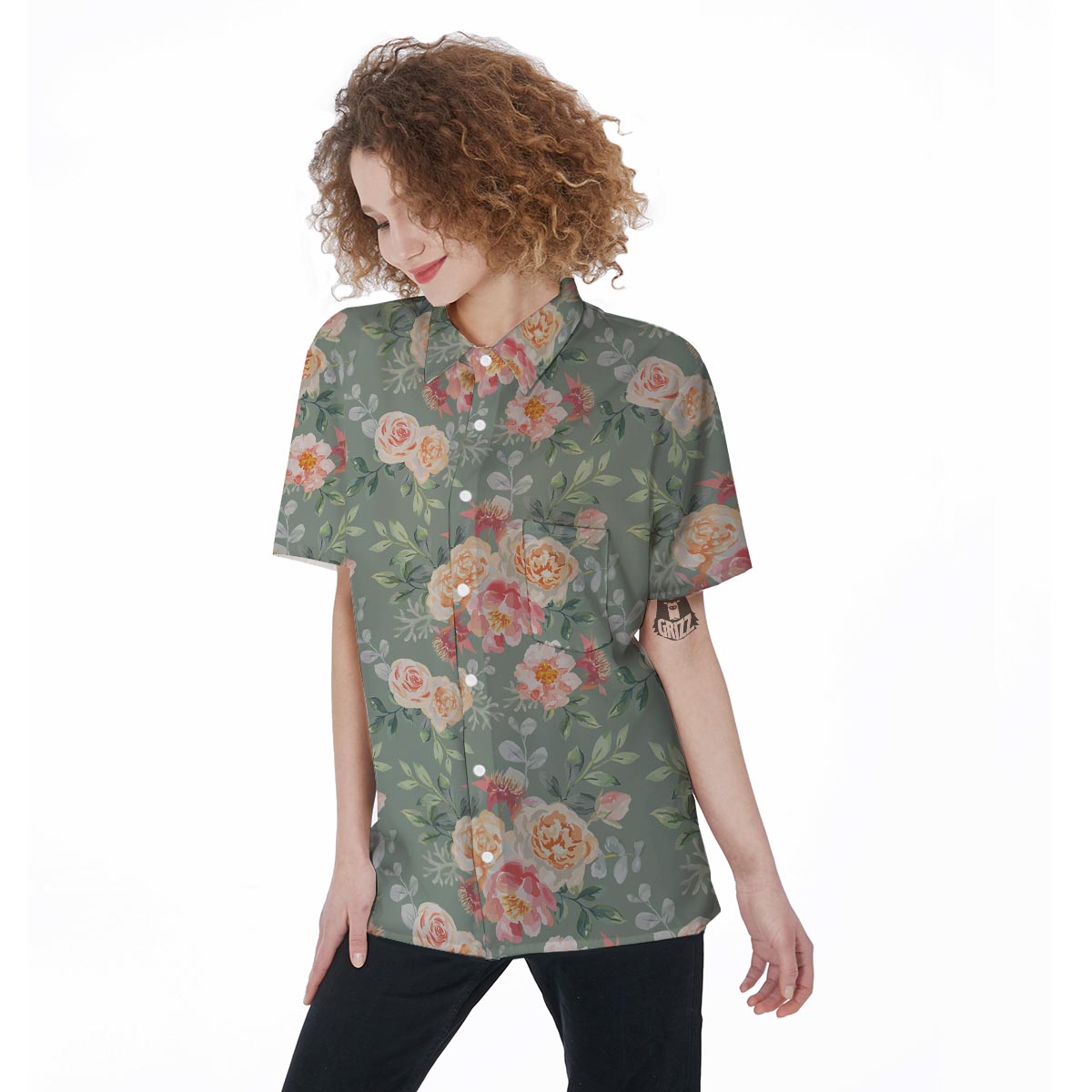 Pink Rose And Peony Floral Women's Short Sleeve Shirts-grizzshop