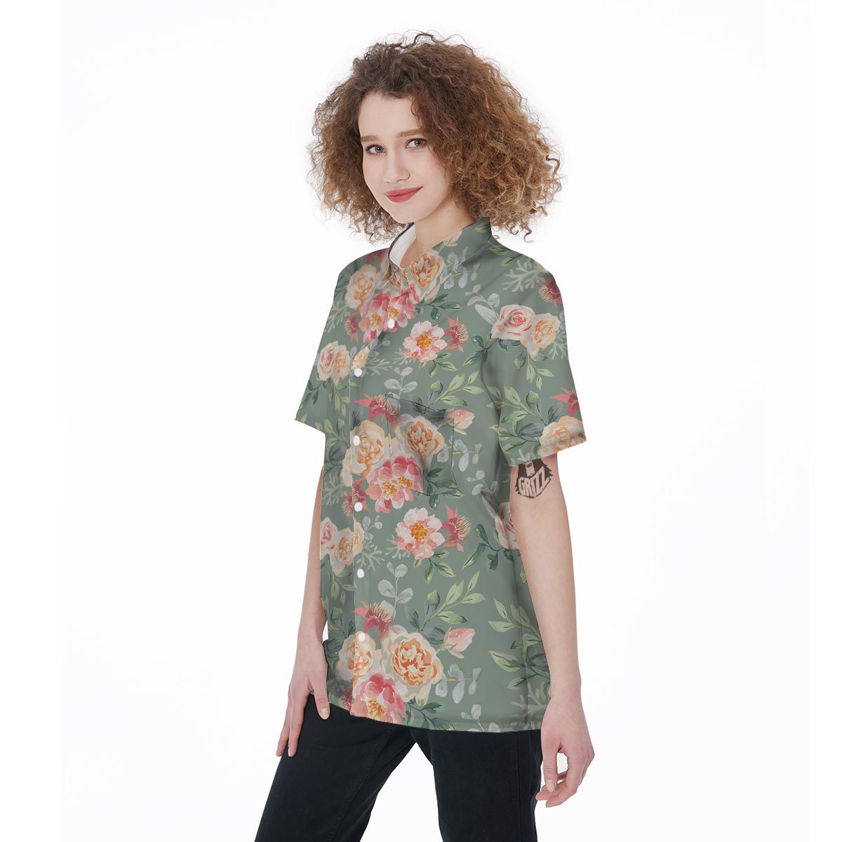 Pink Rose And Peony Floral Women's Short Sleeve Shirts-grizzshop