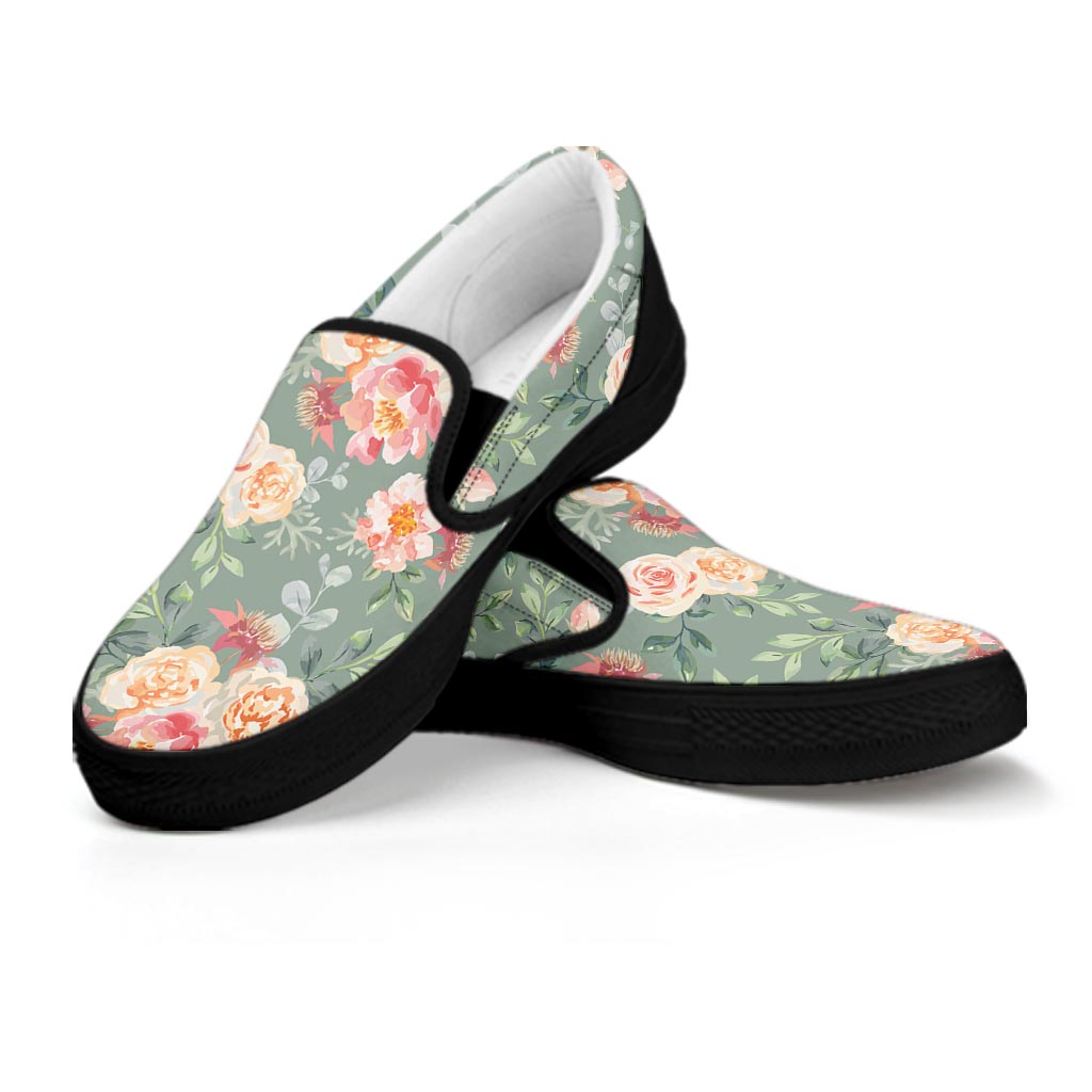 Pink Rose And Peony Floral Women's Slip On Sneakers-grizzshop