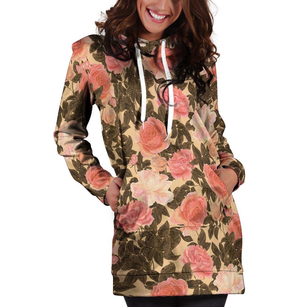 Pink Rose Floral Hoodie Dress-grizzshop