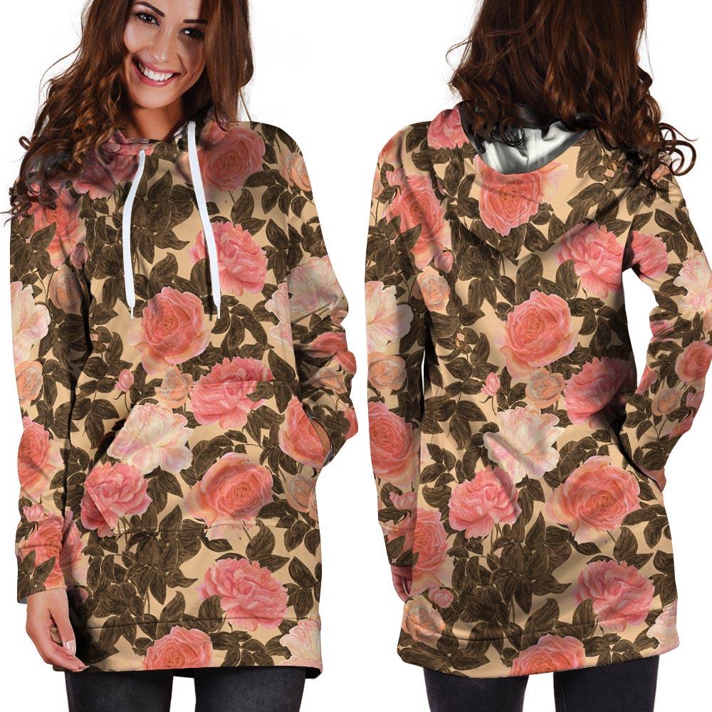 Pink Rose Floral Hoodie Dress-grizzshop