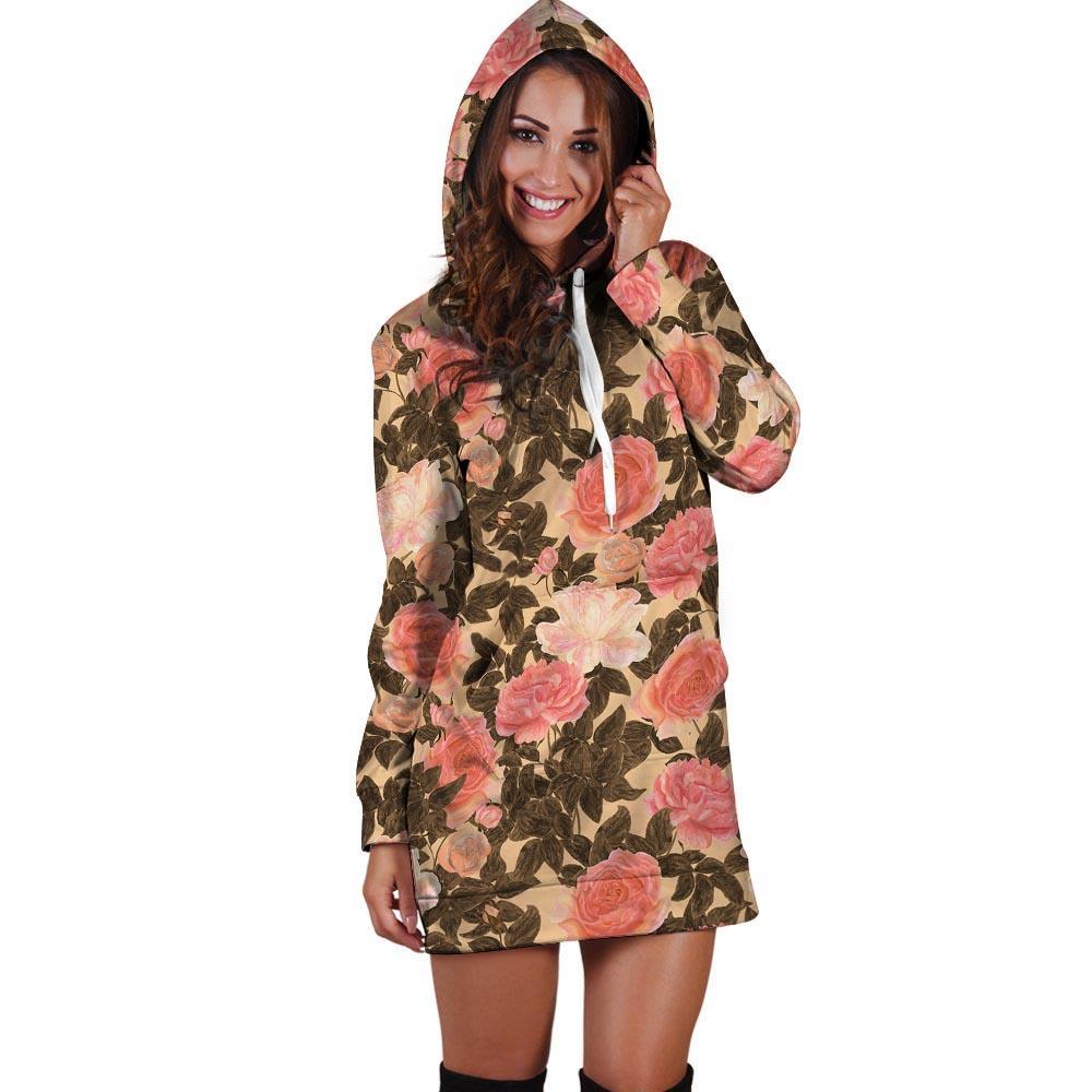 Pink Rose Floral Hoodie Dress-grizzshop