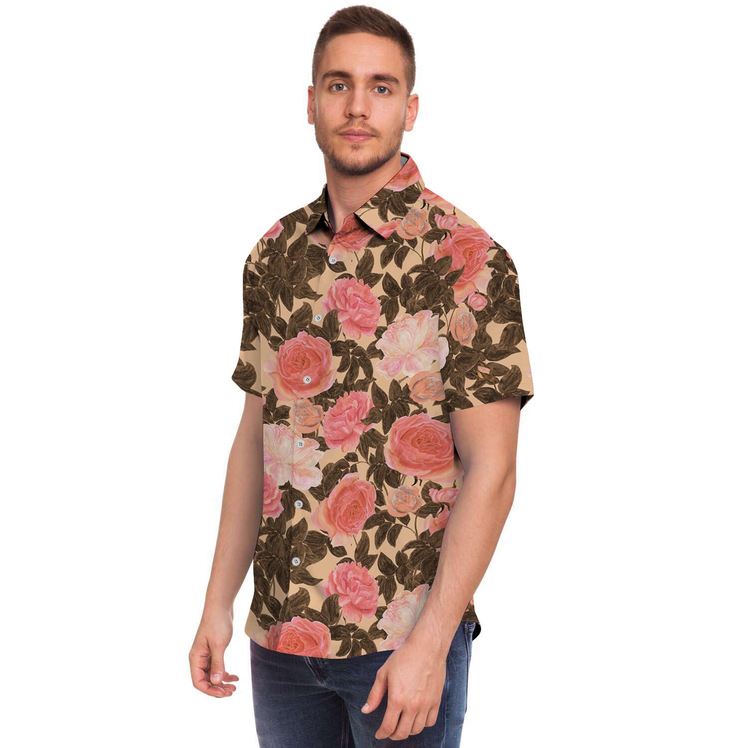 Pink Rose Floral Men's Short Sleeve Shirt-grizzshop