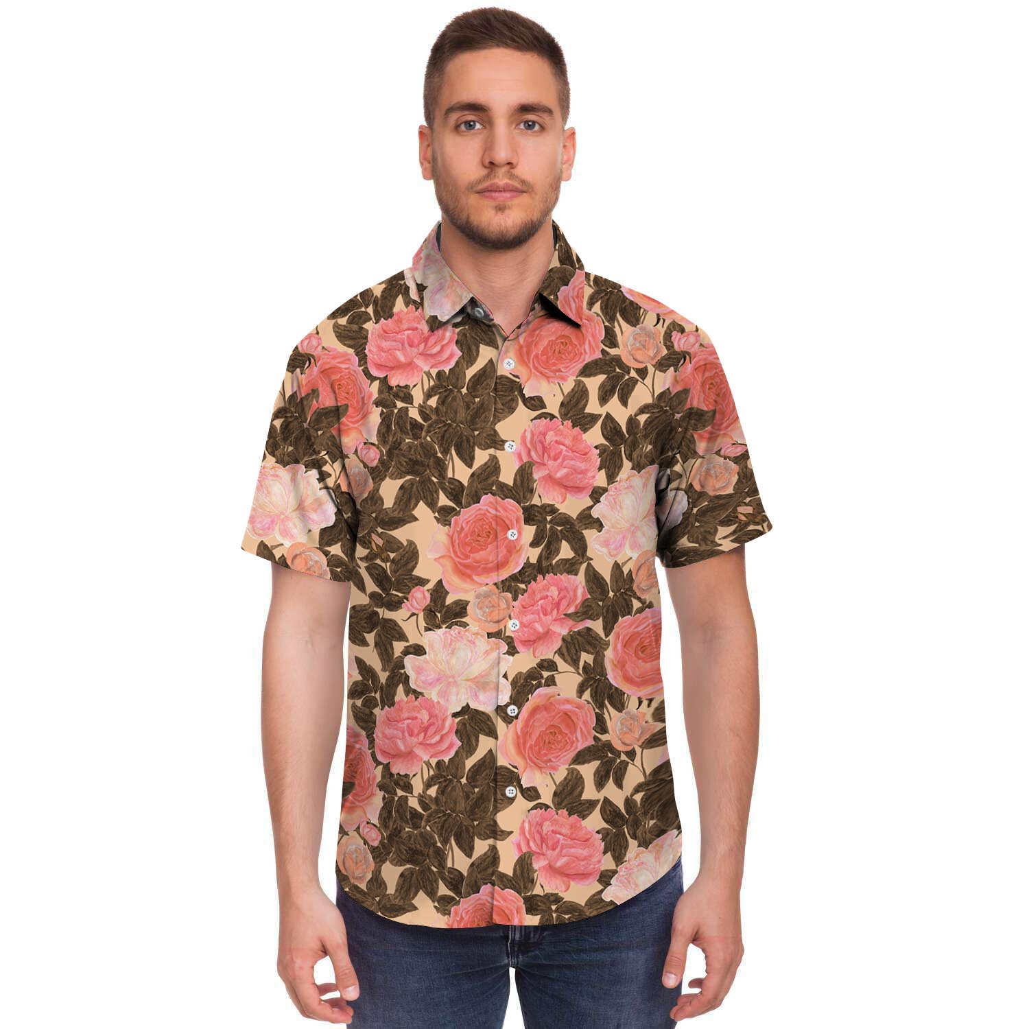 Pink Rose Floral Men's Short Sleeve Shirt-grizzshop