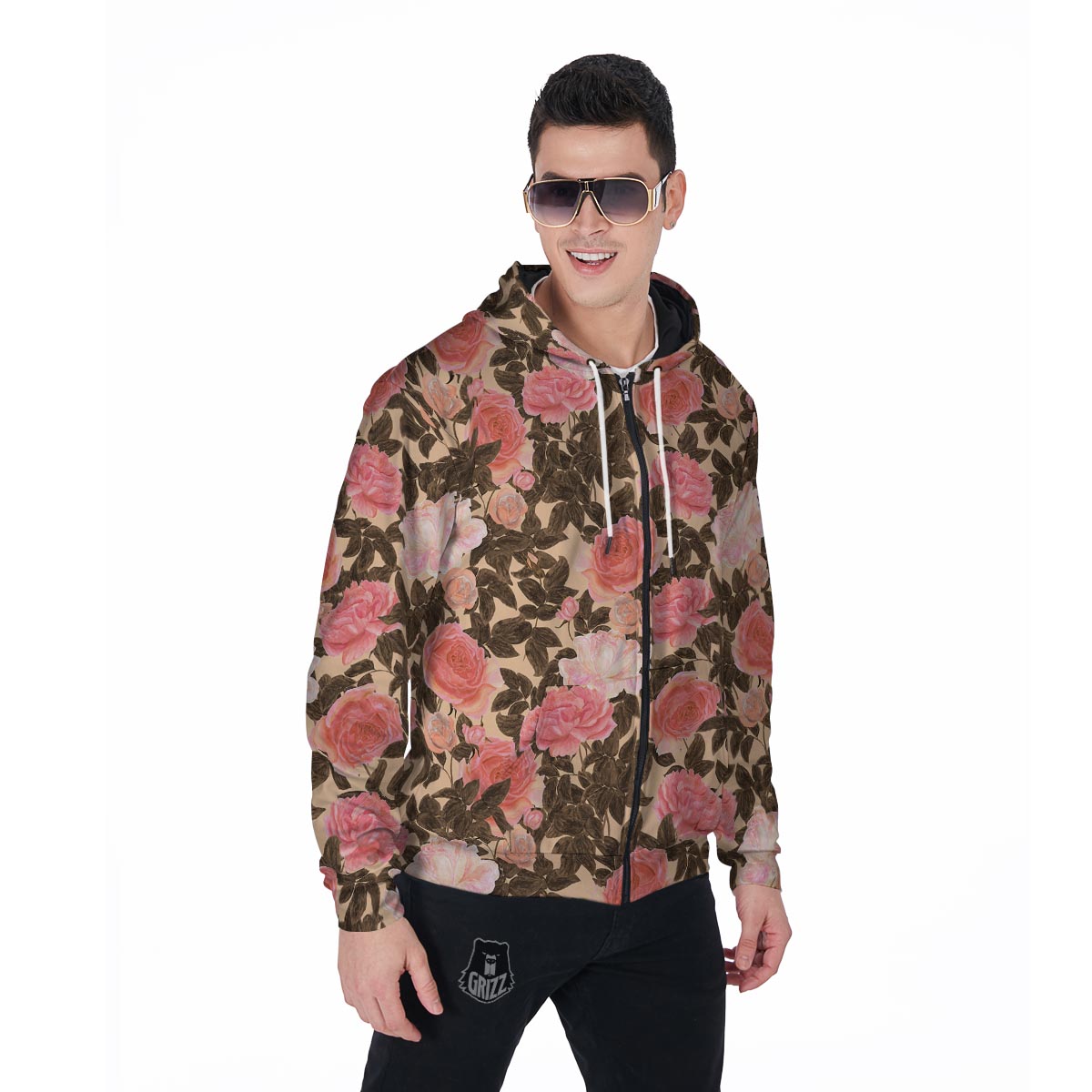 Pink Rose Floral Men's Zip Up Hoodie-grizzshop