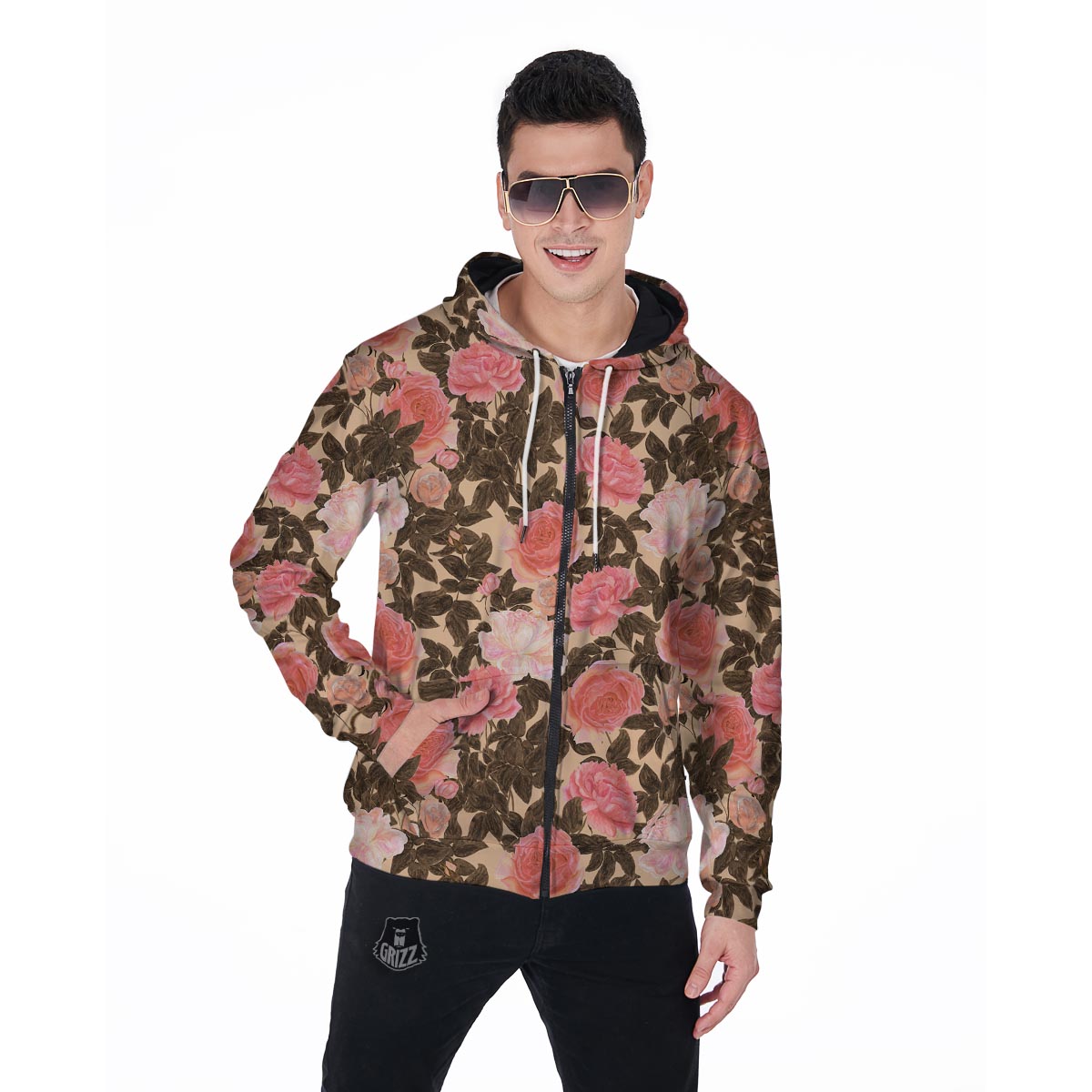 Pink Rose Floral Men's Zip Up Hoodie-grizzshop