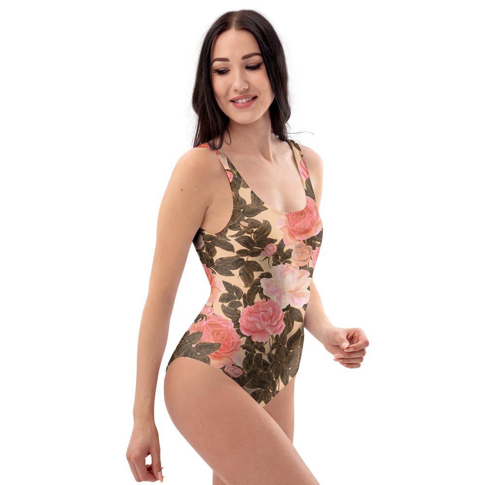 Pink Rose Floral One Piece Swimsuite-grizzshop