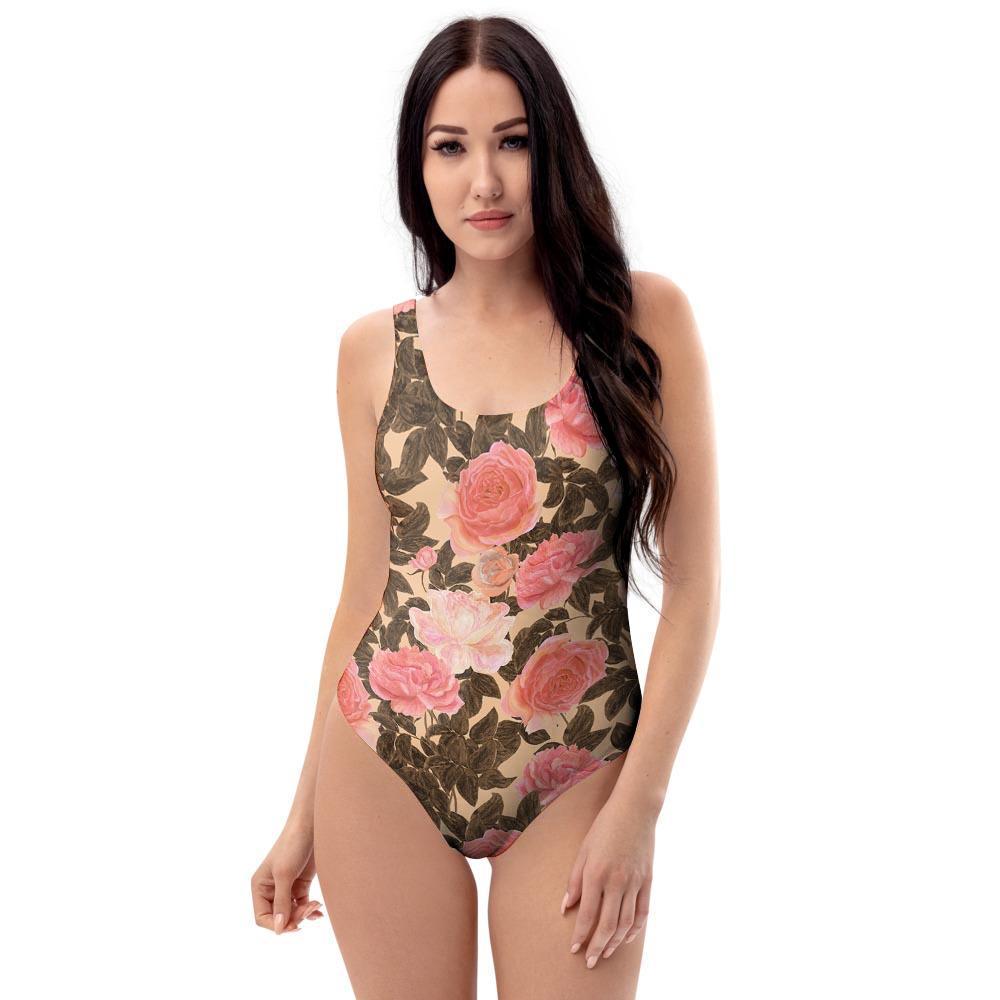 Pink Rose Floral One Piece Swimsuite-grizzshop