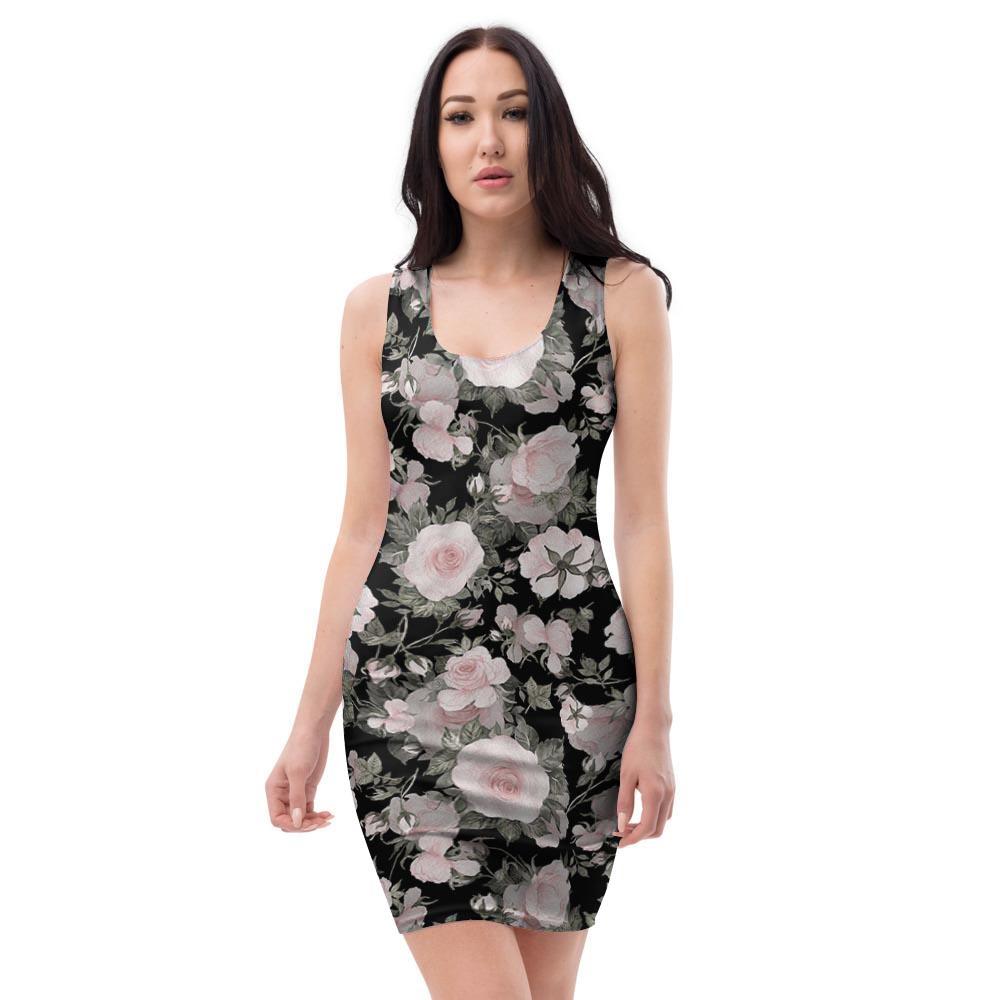 Pink Rose Floral Pattern Print Bodycon Dress-grizzshop