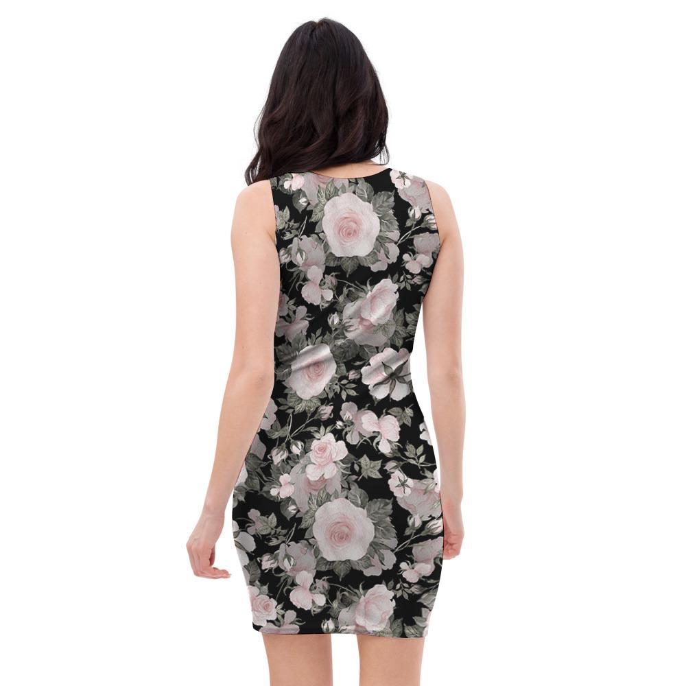 Pink Rose Floral Pattern Print Bodycon Dress-grizzshop