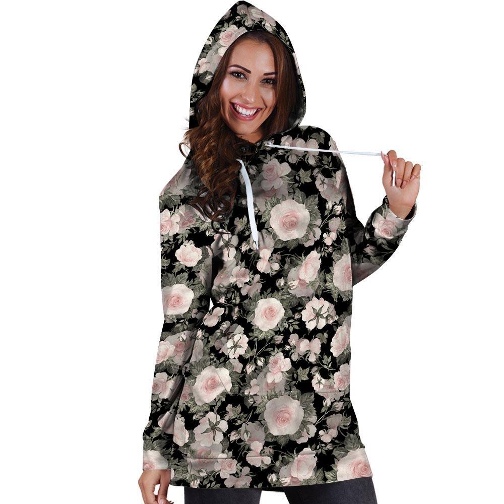 Pink Rose Floral Pattern Print Hoodie Dress-grizzshop