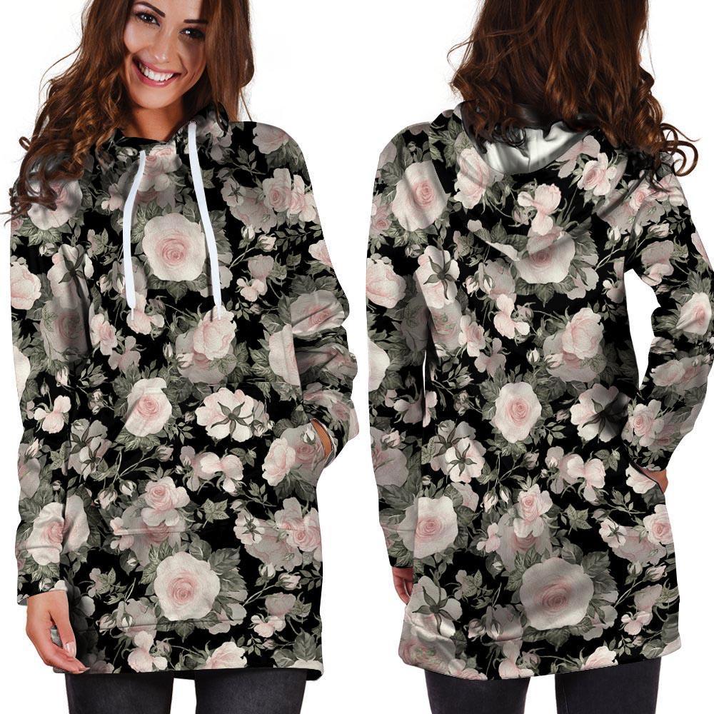 Pink Rose Floral Pattern Print Hoodie Dress-grizzshop