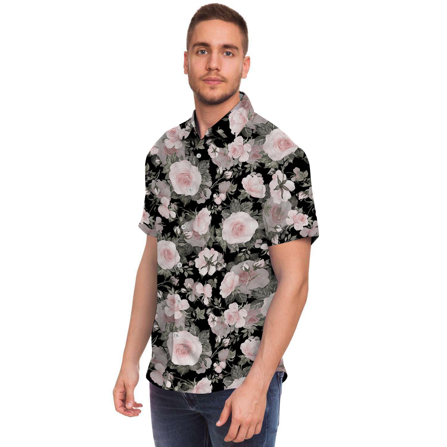 Pink Rose Floral Pattern Print Men's Short Sleeve Shirt-grizzshop