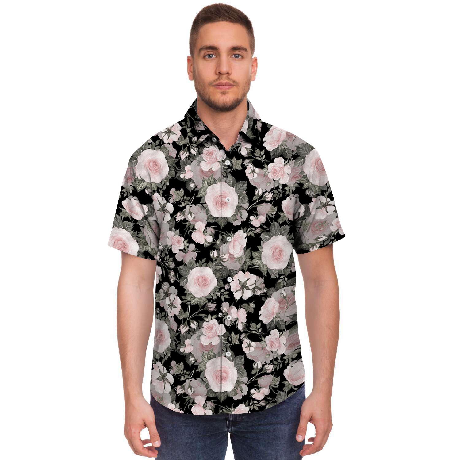 Pink Rose Floral Pattern Print Men's Short Sleeve Shirt-grizzshop