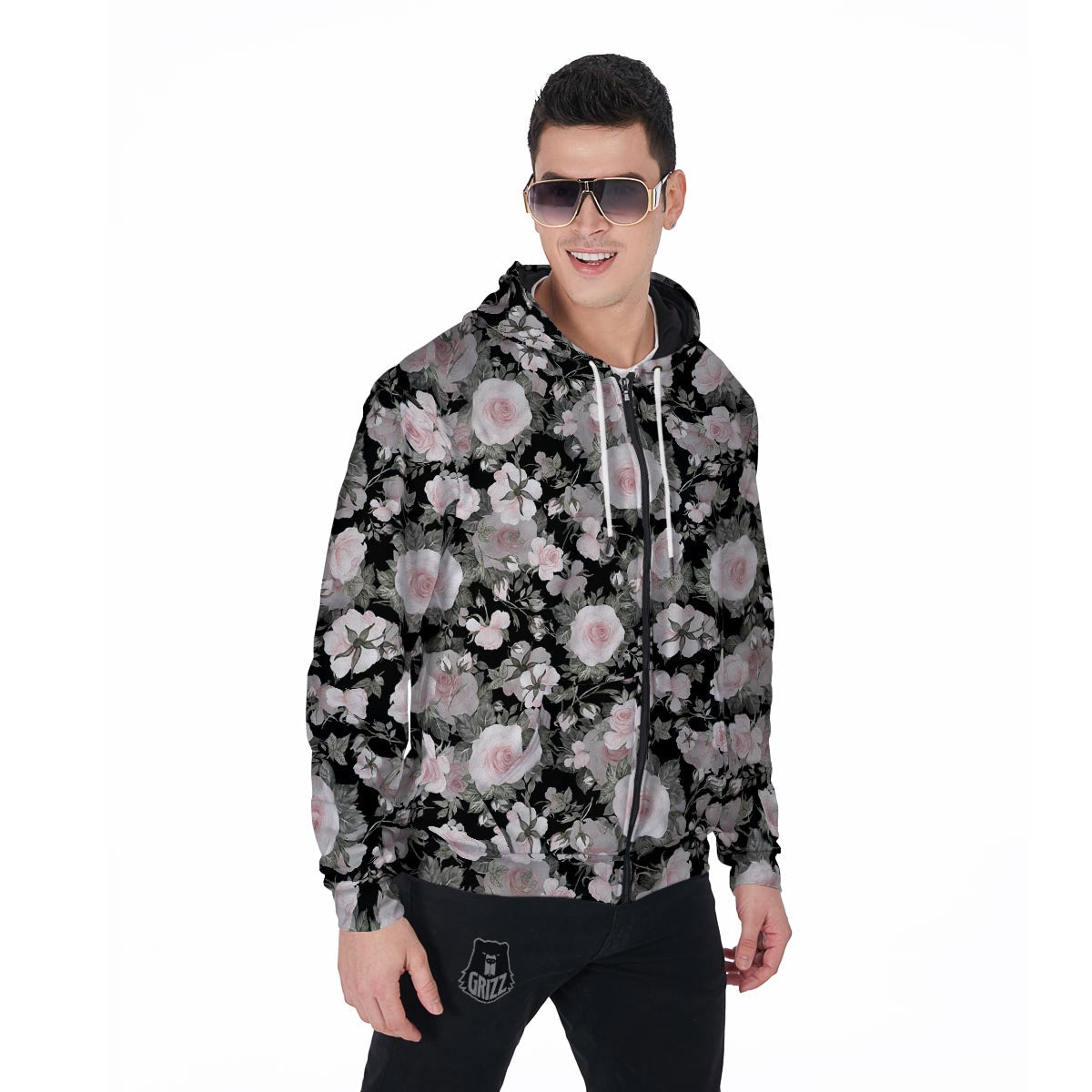 Pink Rose Floral Pattern Print Men's Zip Up Hoodie-grizzshop