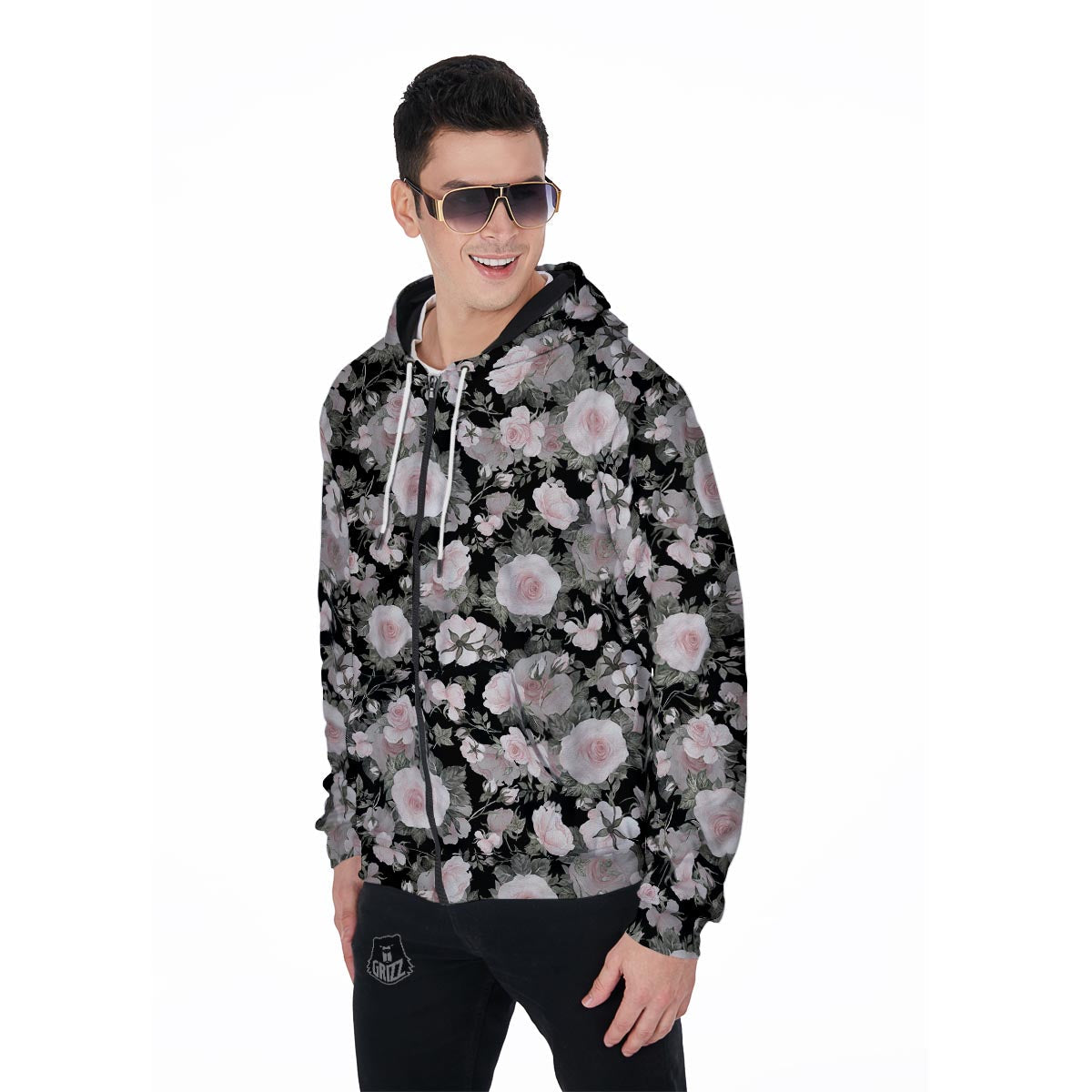 Pink Rose Floral Pattern Print Men's Zip Up Hoodie-grizzshop