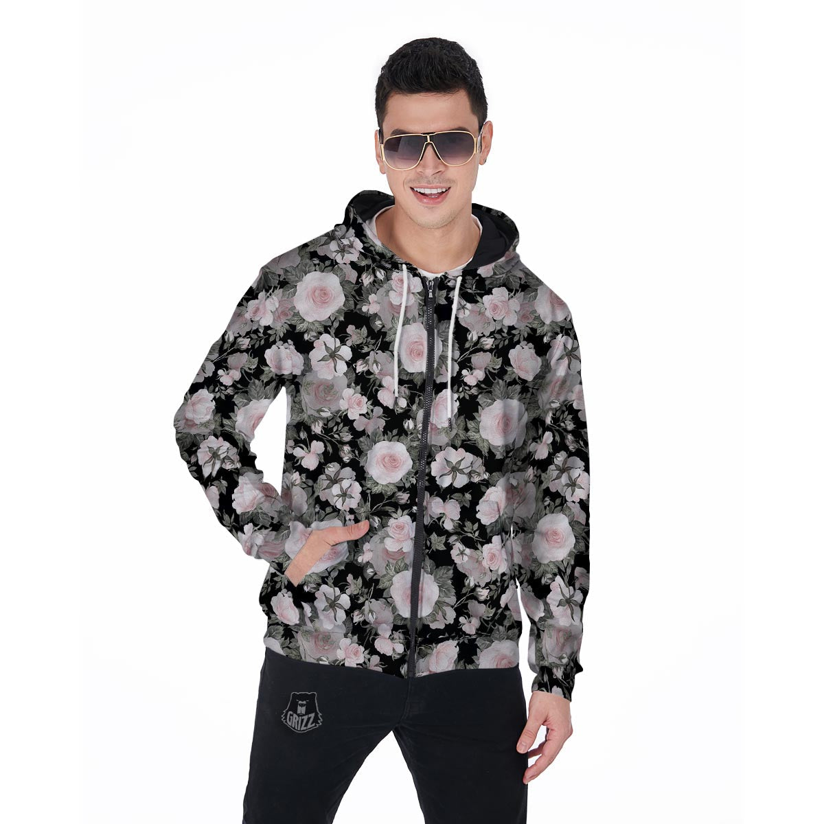 Pink Rose Floral Pattern Print Men's Zip Up Hoodie-grizzshop