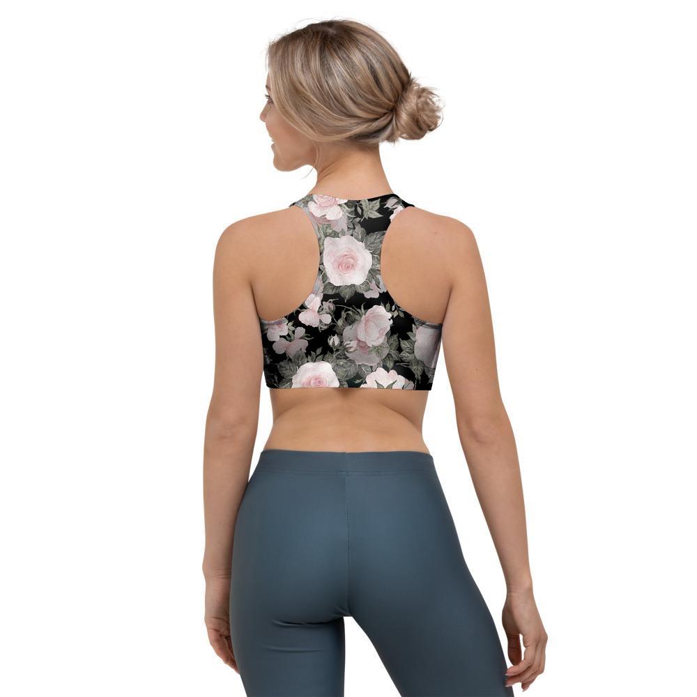 Pink Rose Floral Pattern Print Sports Bra-grizzshop