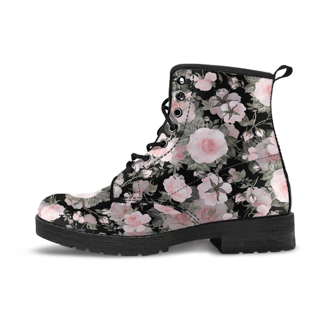 Pink Rose Floral Pattern Print Women's Boots-grizzshop