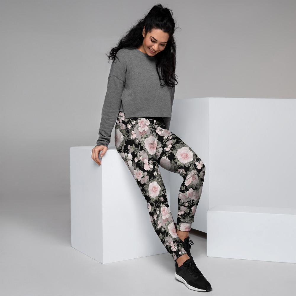 Pink Rose Floral Pattern Print Women's Joggers-grizzshop