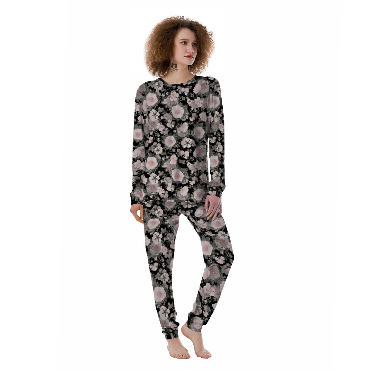 Pink Rose Floral Pattern Print Women's Pajamas-grizzshop