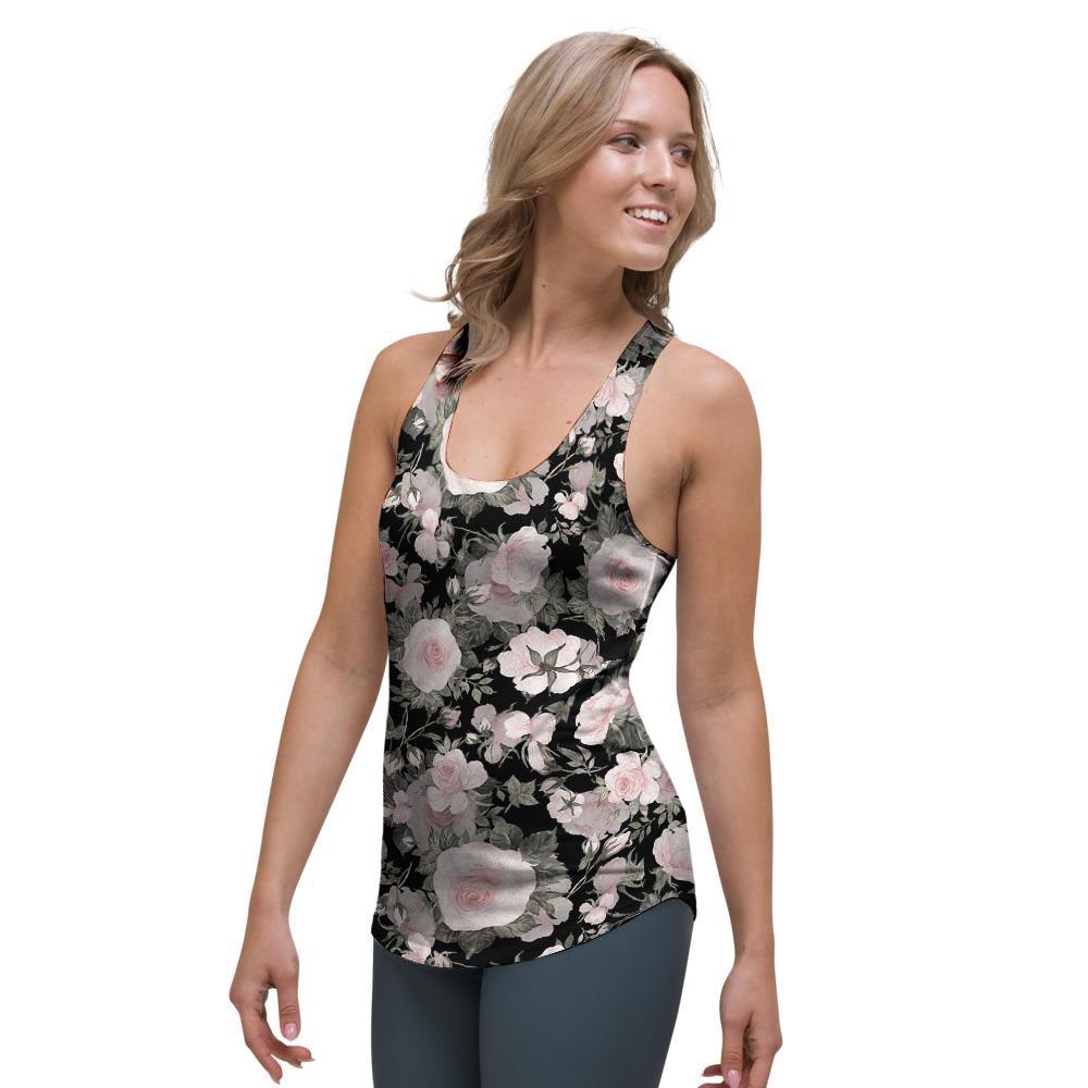 Pink Rose Floral Pattern Print Women's Racerback Tank Top-grizzshop