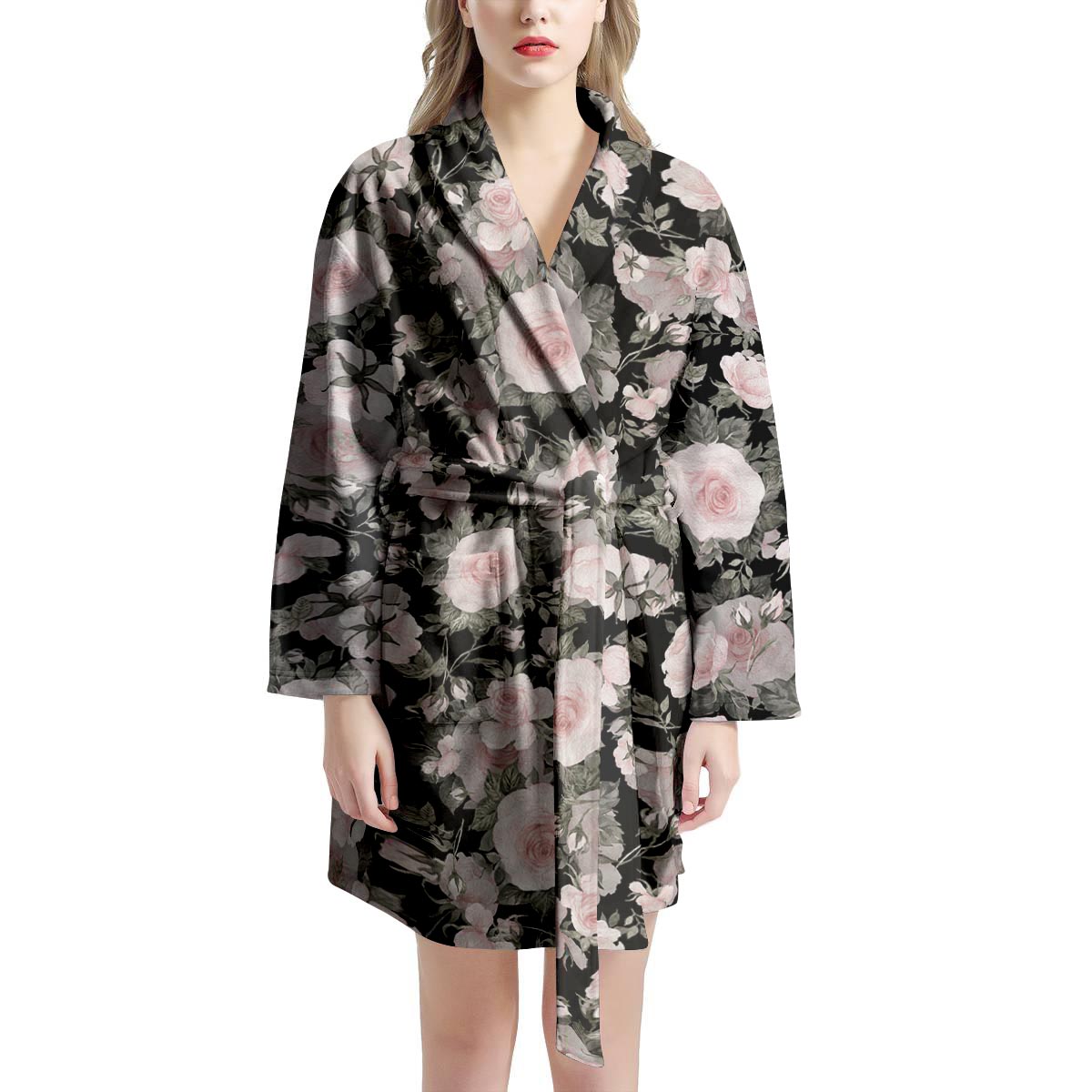 Pink Rose Floral Pattern Print Women's Robe-grizzshop