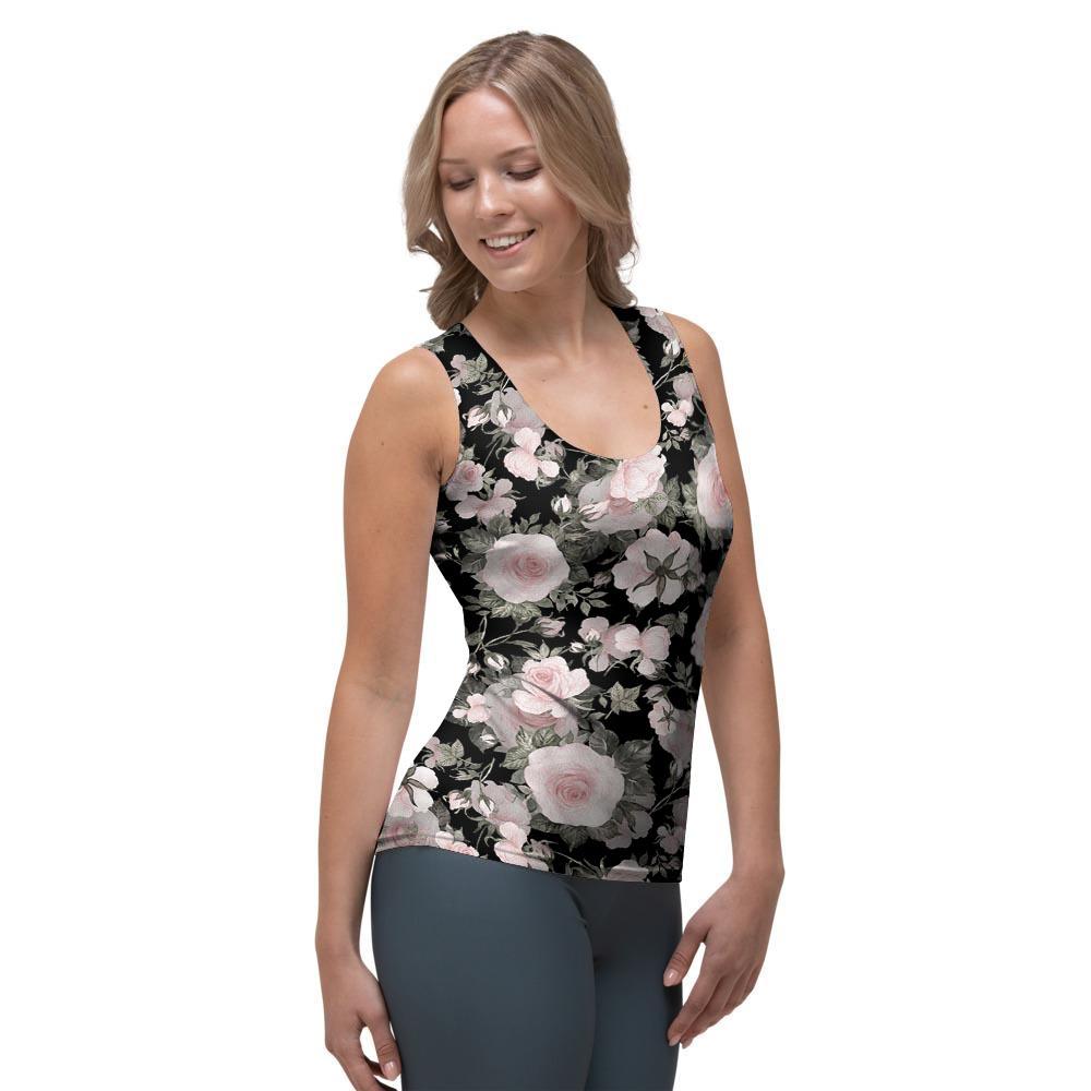 Pink Rose Floral Pattern Print Women's Tank Top-grizzshop