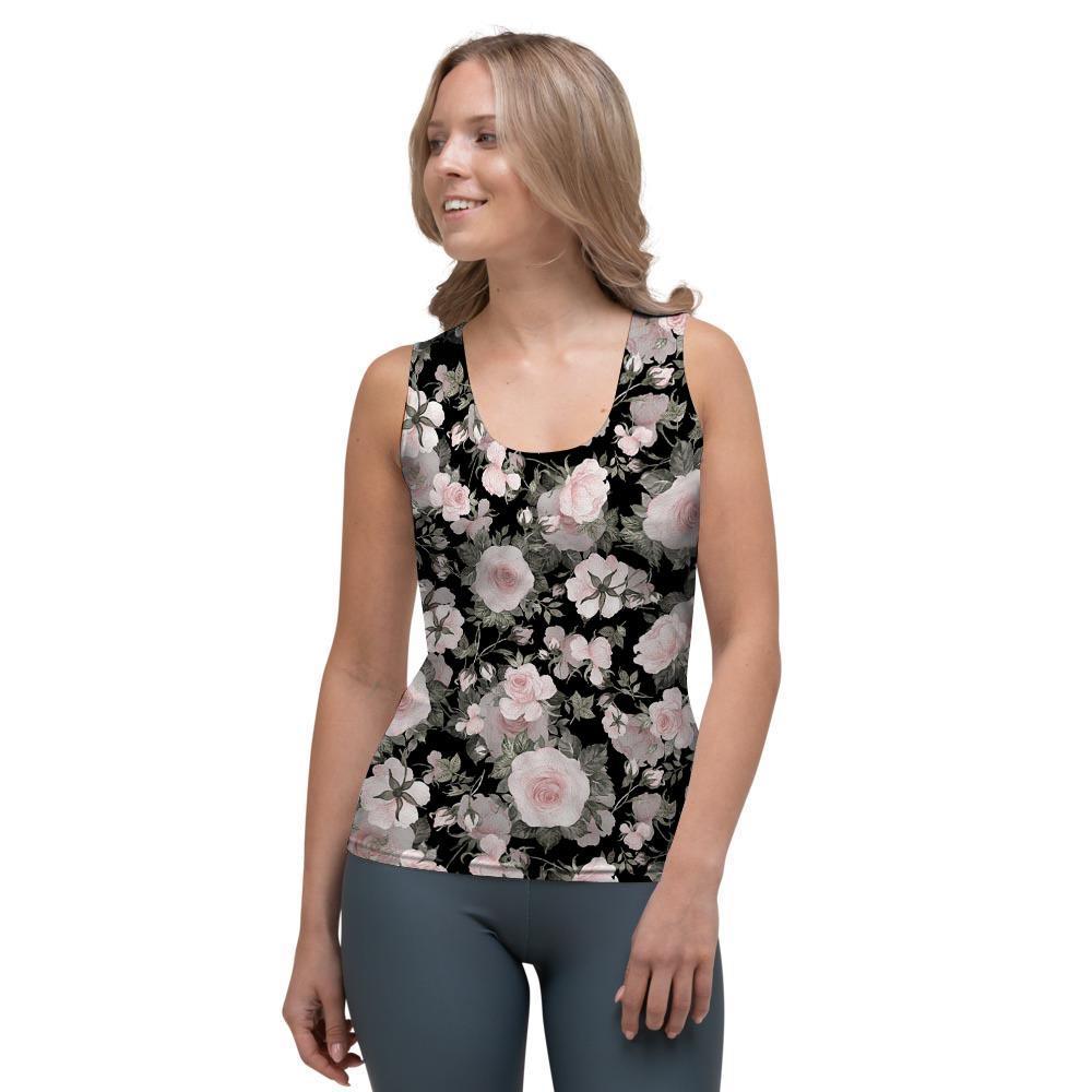 Pink Rose Floral Pattern Print Women's Tank Top-grizzshop